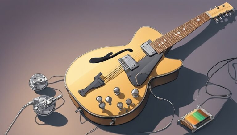 Yellow electric guitar with cables and a color palette on a table