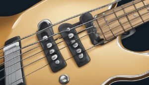 Close-up of a bass guitar with strings, pickups, and fretboard