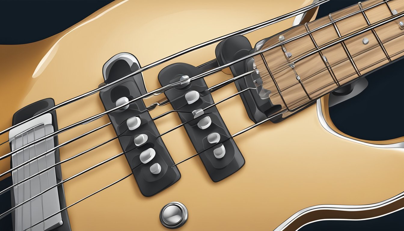 Close-up of a bass guitar with strings, pickups, and fretboard