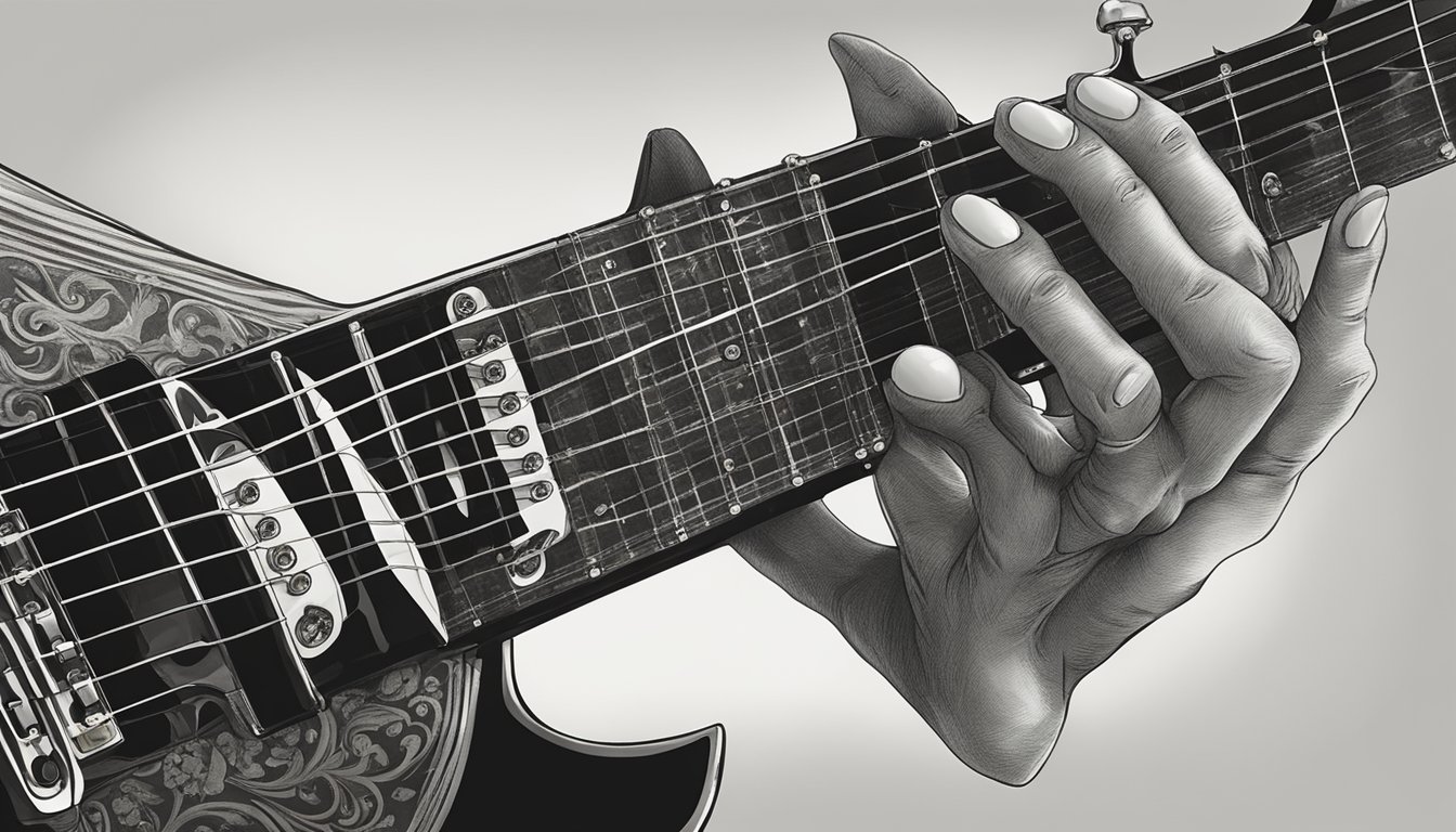 A close-up of Kirk Hammett's hands playing a black ESP signature guitar with skull inlays on a dimly lit stage