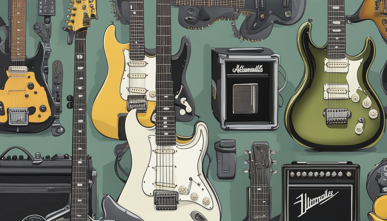 Kirk Hammett's iconic guitar collection displayed with various guitar gear and accessories