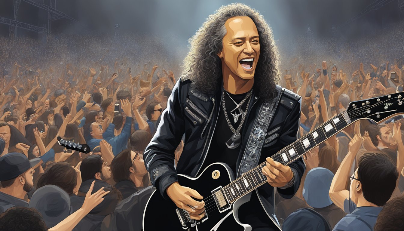 Kirk Hammett plays a black Gibson Les Paul guitar on stage, surrounded by amplifiers and a crowd of cheering fans