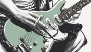 Illustration of a person playing a mint green electric guitar