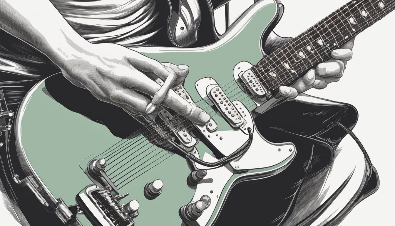 Illustration of a person playing a mint green electric guitar