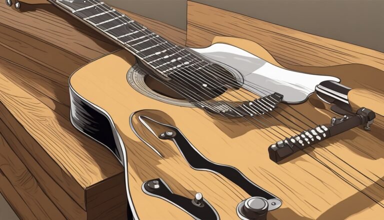 An acoustic guitar with a unique design on a wooden surface