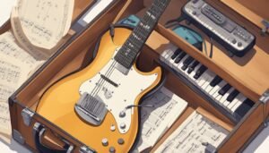 Electric guitar, keyboard, and sheet music inside a wooden suitcase