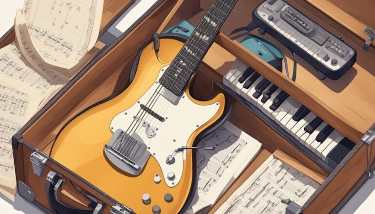 Electric guitar, keyboard, and sheet music inside a wooden suitcase