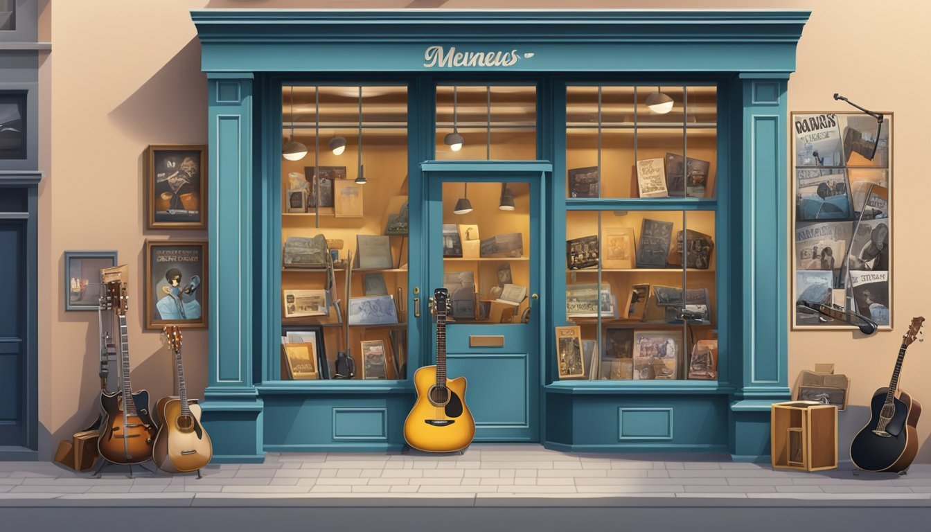 A small music shop with guitars displayed in the window, surrounded by posters of famous musicians.</p><p>The door is open, inviting customers inside