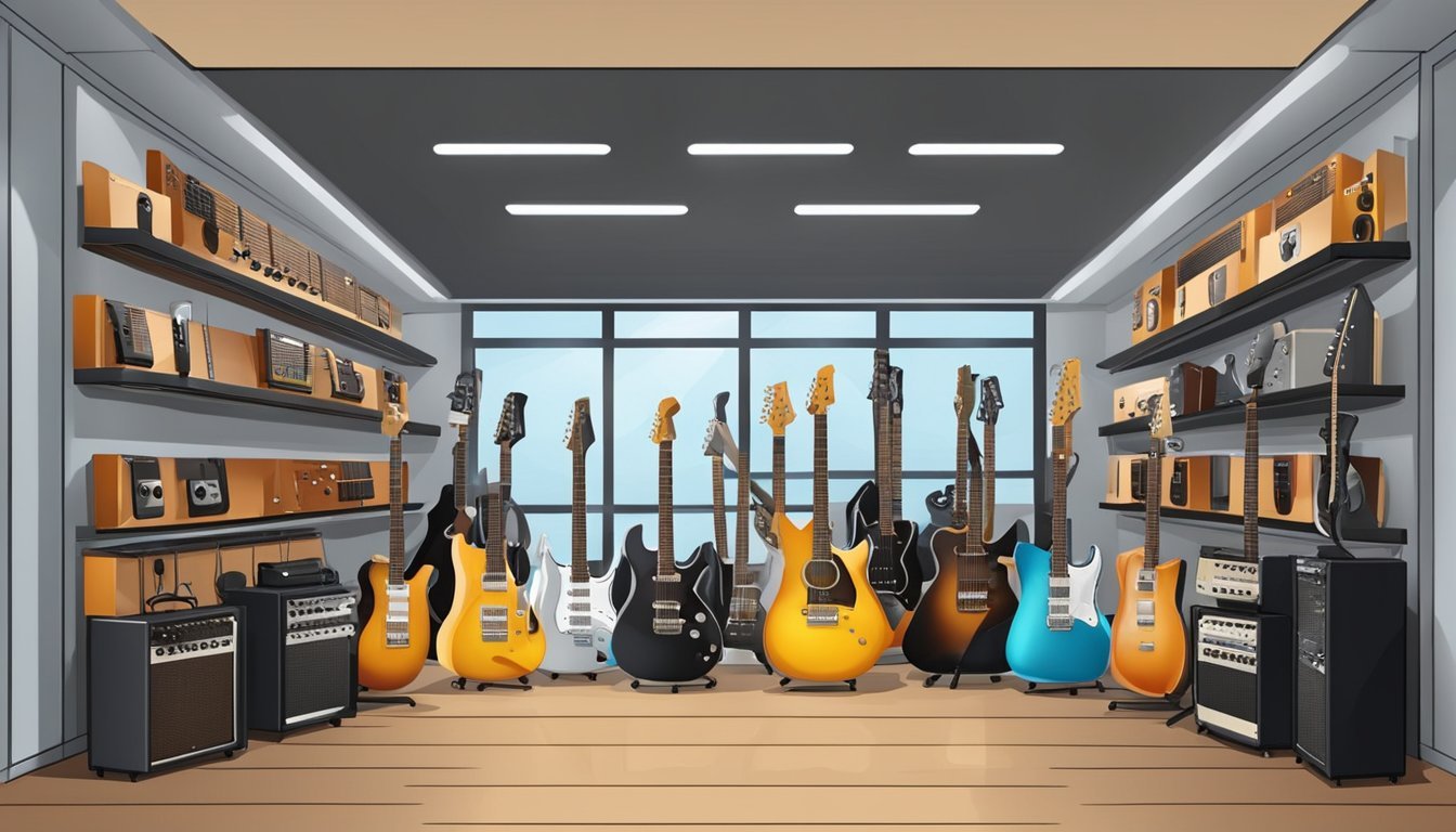 A music store display with various guitars, amplifiers, and electronic accessories arranged neatly on shelves and racks