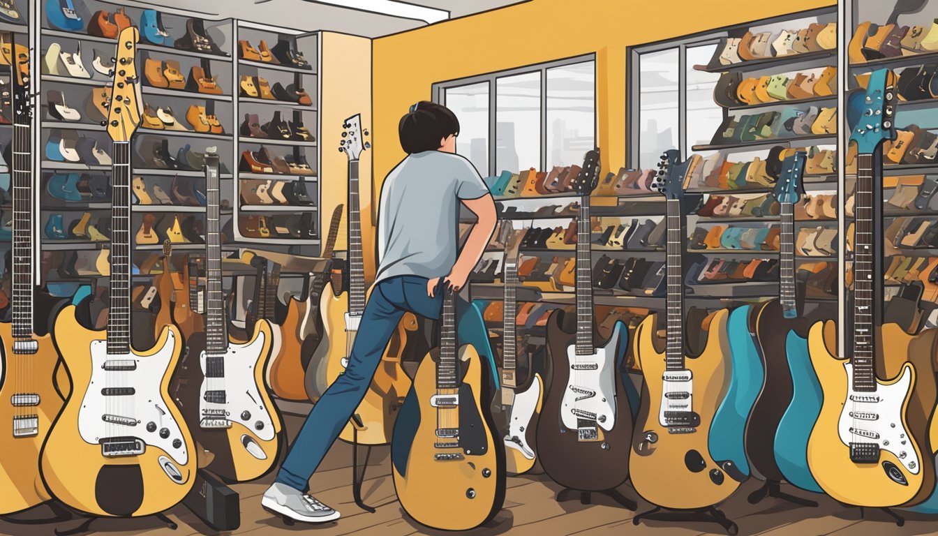 A person browsing through a variety of guitars in a music store, with shelves filled with different types and brands of guitars