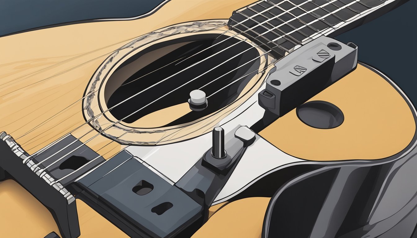 Close-up of an acoustic guitar with a unique bridge and pickup