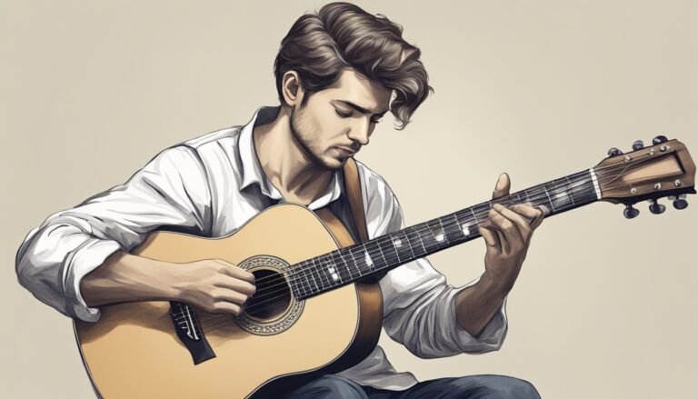 Man playing acoustic guitar, wearing a white shirt, looking down