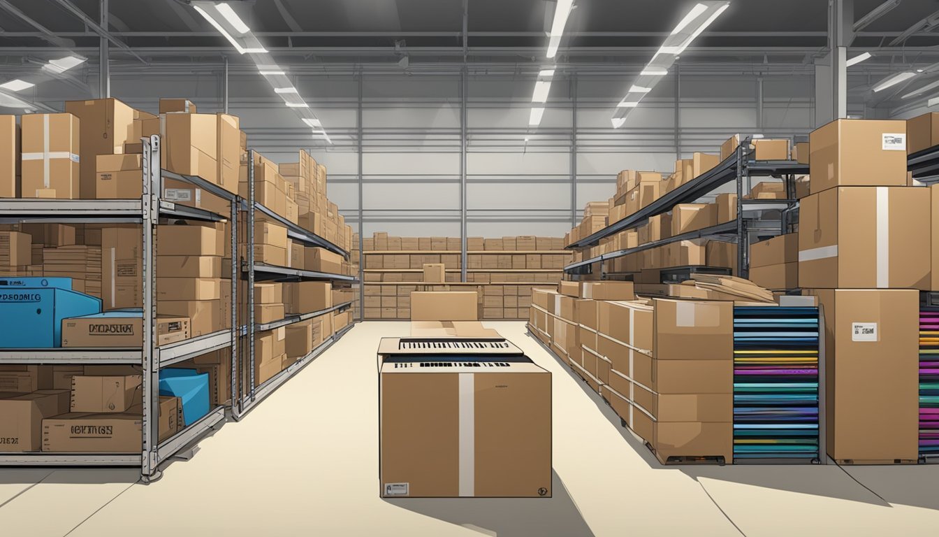 A package labeled "Guitar Center" sits on a conveyor belt, moving through a warehouse filled with shelves of musical instruments and equipment