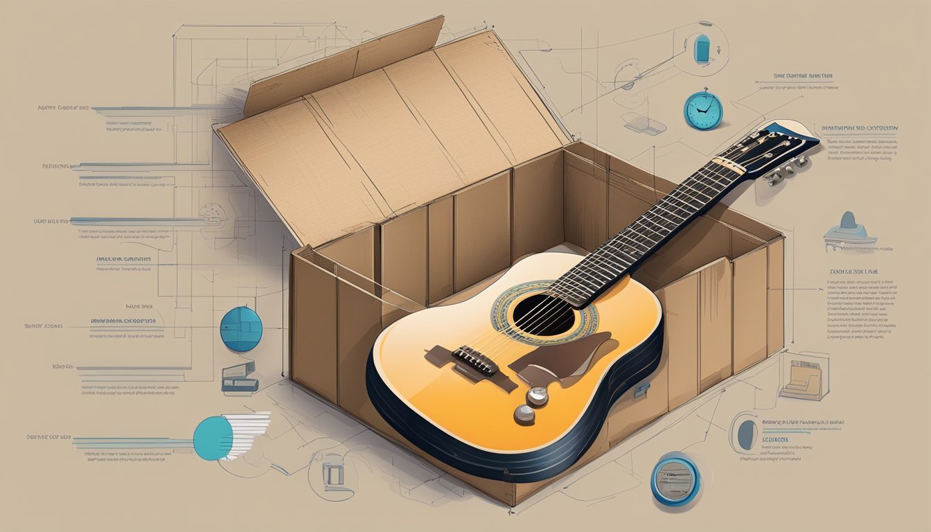 A guitar in a shipping box with various delivery options and time frames displayed around it
