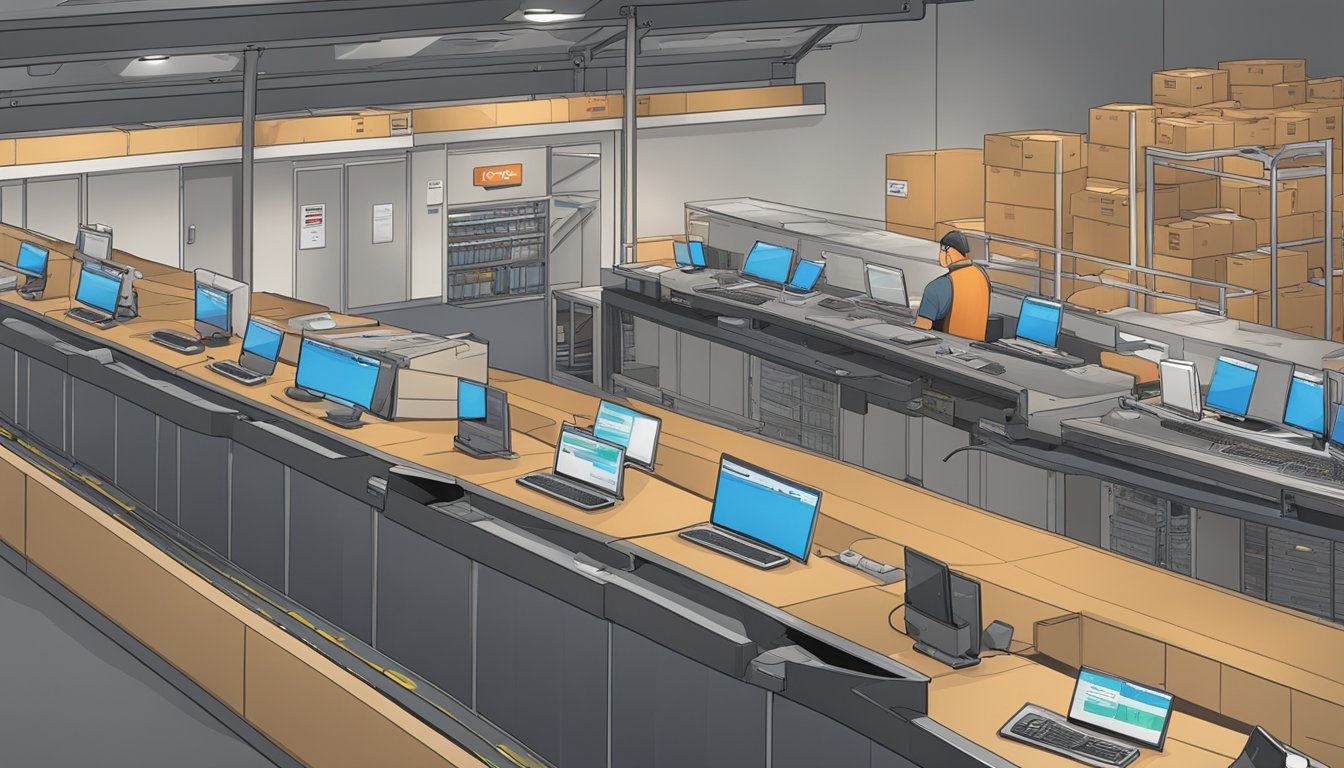 A package labeled "Guitar Center" sits on a conveyor belt, moving towards a shipping area.</p><p>A customer service representative speaks on the phone, surrounded by computer monitors displaying order tracking information