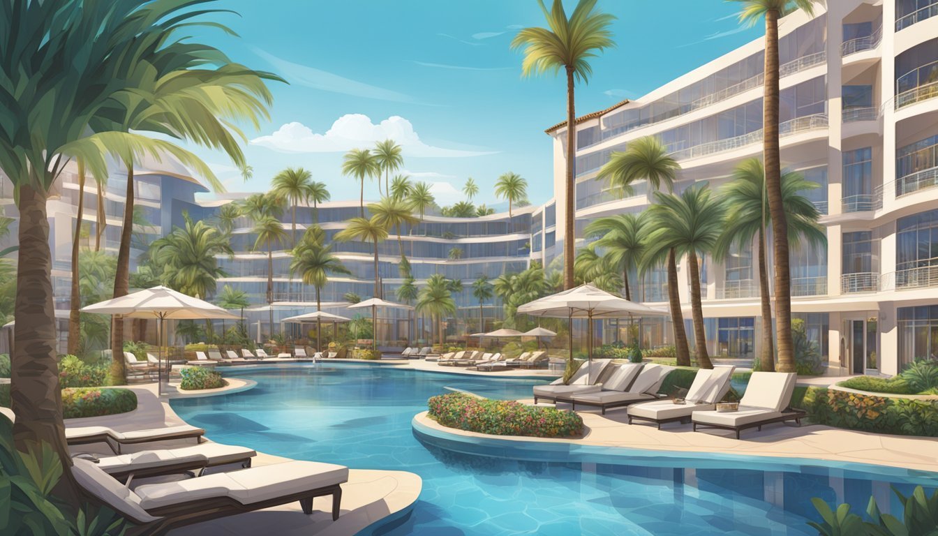 The Hard Rock Guitar Hotel stands tall, surrounded by palm trees and a luxurious pool area with cabanas and loungers