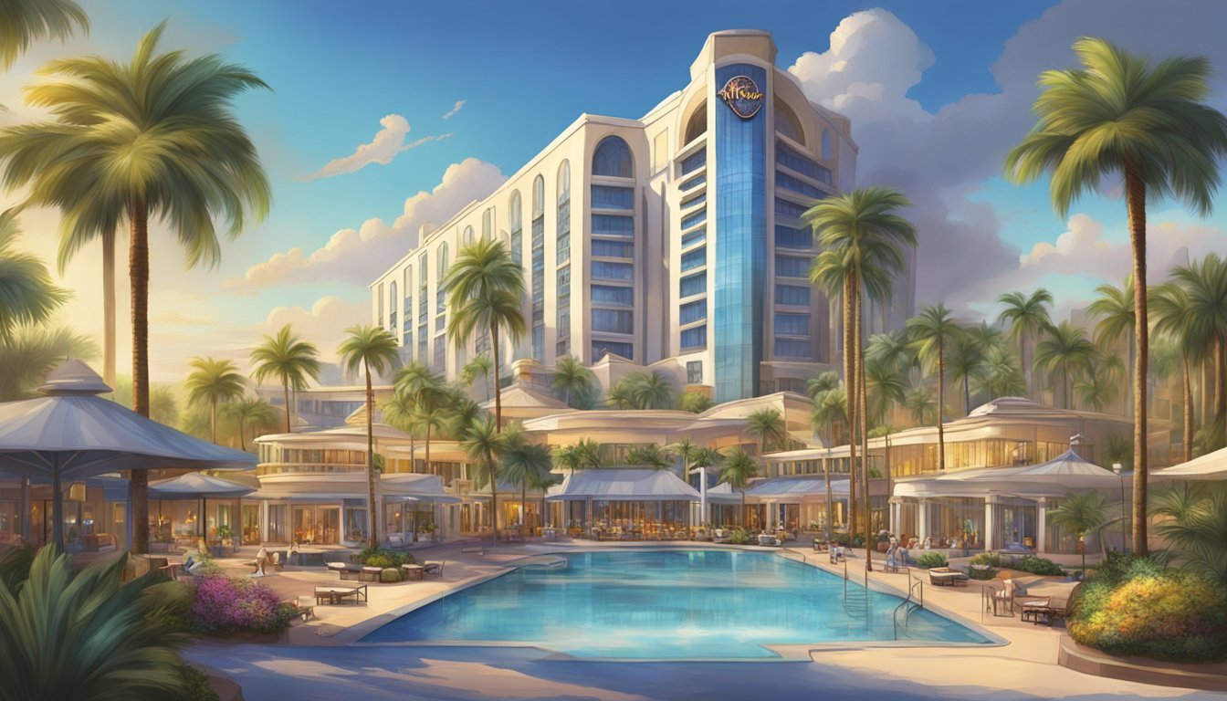 The Hard Rock Guitar Hotel stands tall among lush palm trees, with a sprawling pool and cabanas, a luxurious spa, and a vibrant nightlife scene