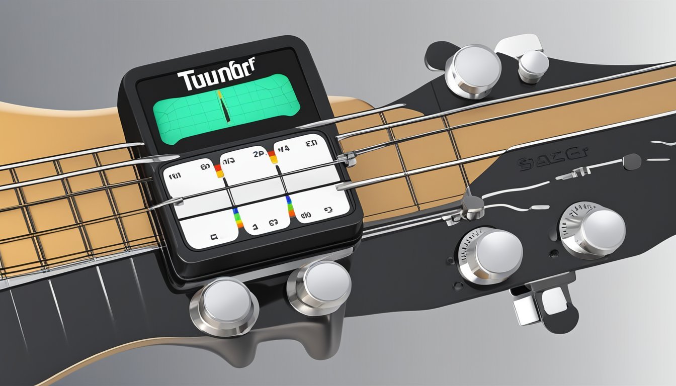 A guitar tuner is placed on the headstock of a guitar.</p><p>The tuner's display shows the pitch of each string as it is adjusted to the correct tuning