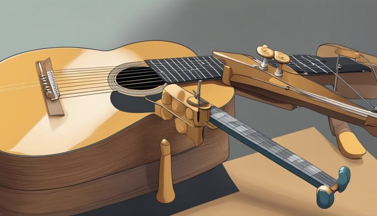 Three stylized acoustic guitars, one disassembled, on a neutral surface