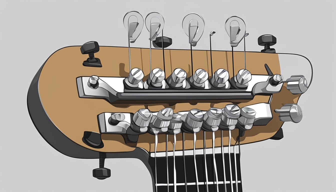 A guitar tuner placed on the headstock of an acoustic guitar, with the tuning pegs being adjusted to achieve the correct pitch