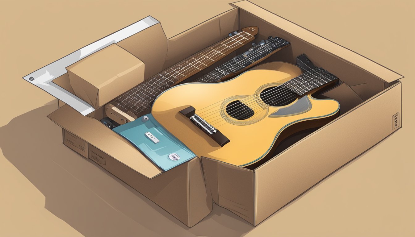 A guitar being placed in a cardboard box, with packing materials and a shipping label being affixed