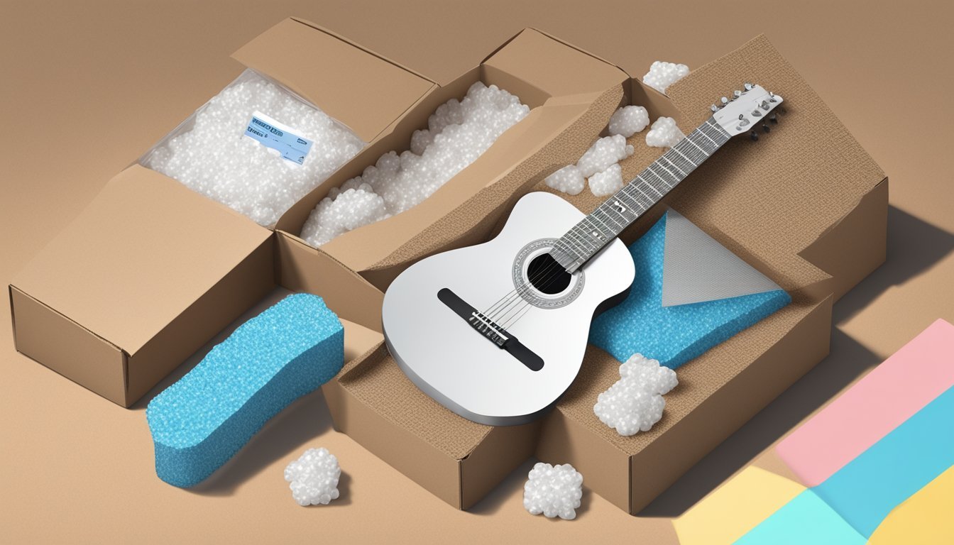 A guitar placed in a cardboard box with bubble wrap and packing peanuts, next to a scale and shipping label