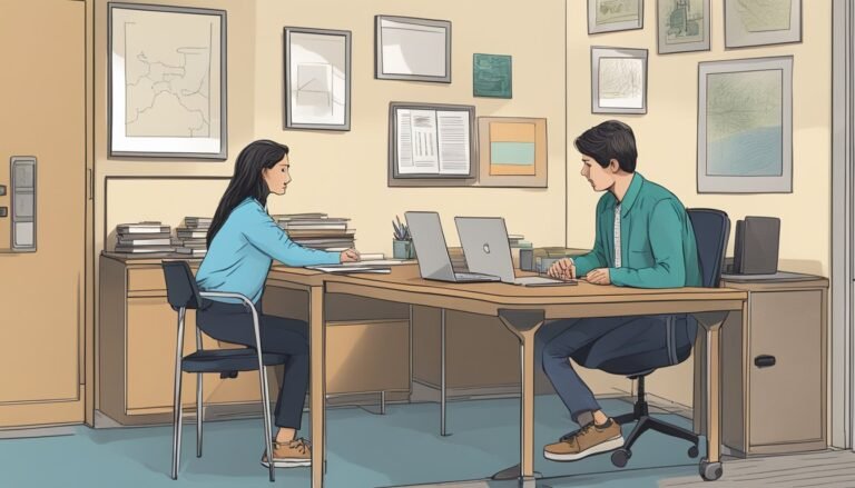 Two people sit at a desk with laptops in an office setting