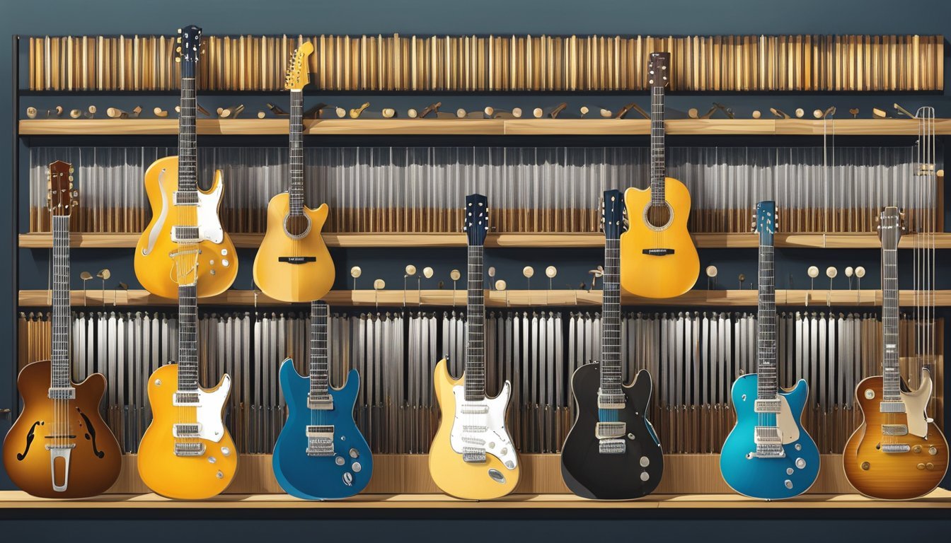 Collection of electric and acoustic guitars displayed on shelves