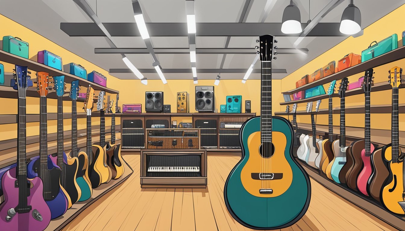 A music store with rows of guitars displayed on the walls and in stands, with colorful instrument cases and accessories on shelves