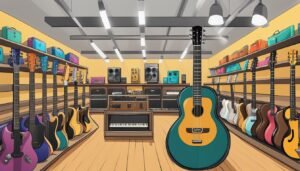 Guitar store interior with guitars on display, speakers, and a keyboard
