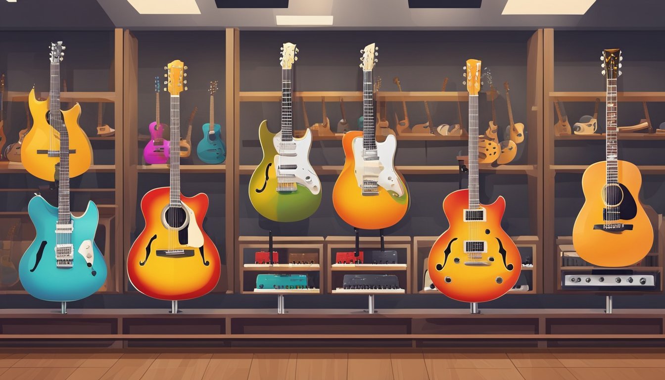 A display of various types of guitars in a music store, with colorful designs and different shapes, hanging on the wall and placed on stands