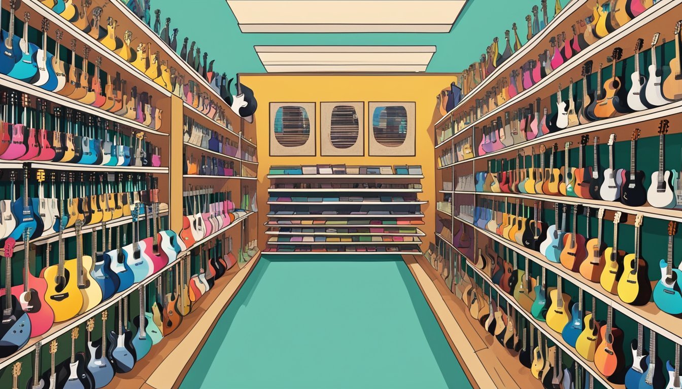 A music store with rows of guitars on display, colorful signs indicating different brands and prices, and customers browsing the selection