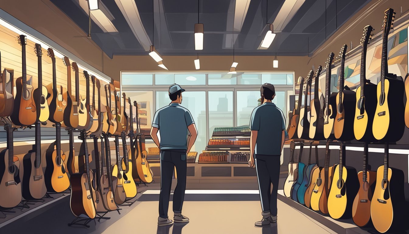 A guitar shop with rows of guitars on display, bright lighting, and a salesperson assisting a customer