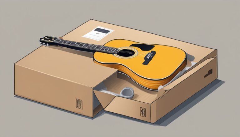 Acoustic guitar in a cardboard box, partially opened, with packing materials