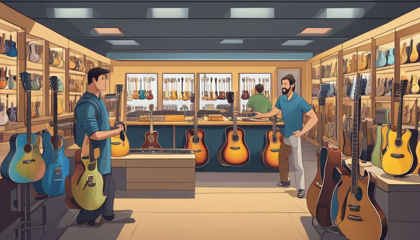 A brightly lit music store with rows of guitars on display, a salesperson assisting a customer, and a sign indicating "Guitars for Sale"