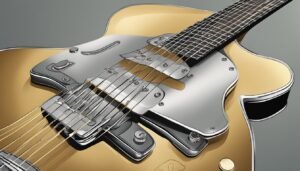 Close-up of a gold electric guitar with silver hardware and strings