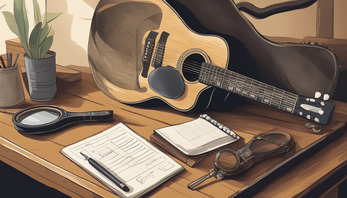 A vintage guitar sitting on a wooden table, with a magnifying glass and a notebook next to it, while a person examines the serial number