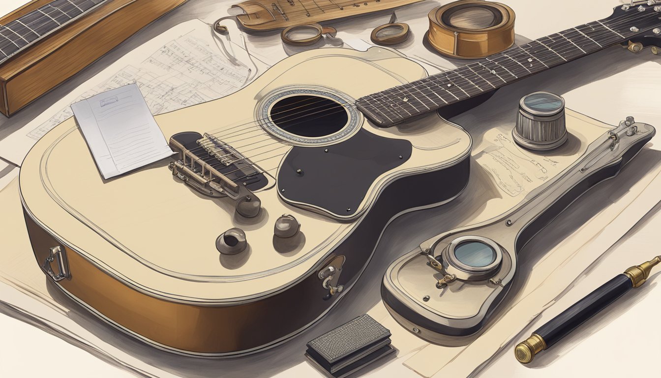 A vintage guitar laid out on a table, with a magnifying glass and a notepad next to it, as someone examines the serial number for a valuation