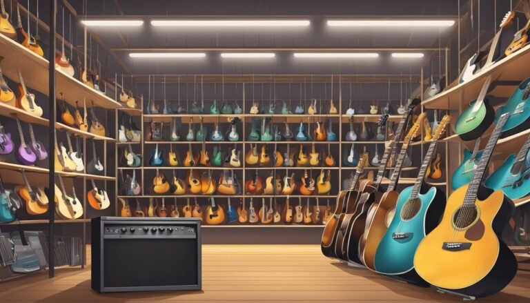 Acoustic guitars on shelves and leaning, with an amplifier in a music store