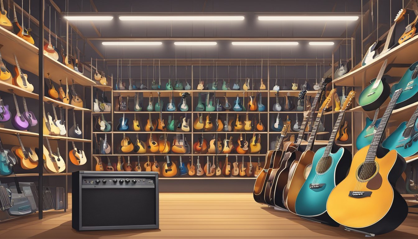 Acoustic guitars on shelves and leaning, with an amplifier in a music store