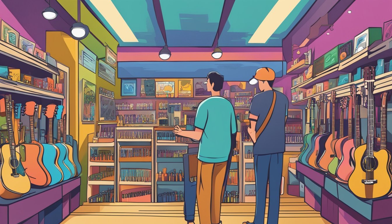 A music store with rows of guitars on display, colorful signs, and a salesperson assisting a customer