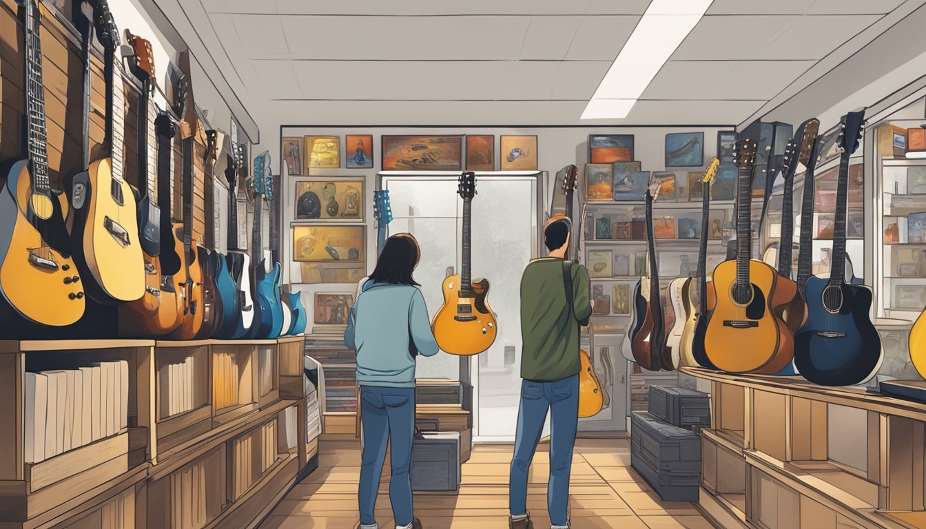 A person browsing through a music store, looking at a variety of guitars displayed on the wall and on stands