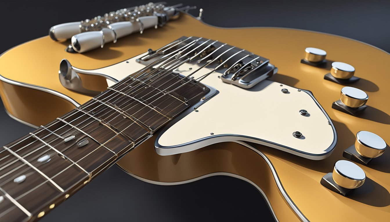 A guitar being tuned with a tuner, showing the tuning pegs and strings
