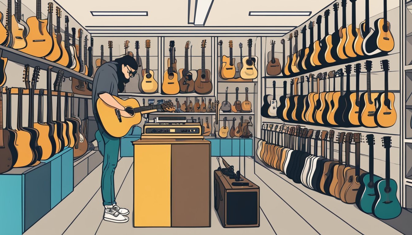 Person playing guitar in a guitar shop surrounded by many instruments