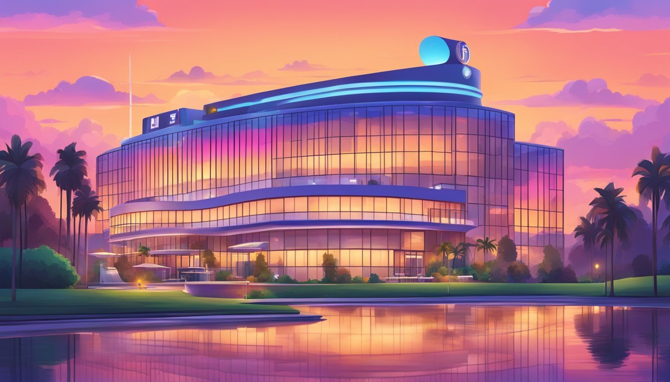 A guitar-shaped hotel stands alone against a colorful sunset sky