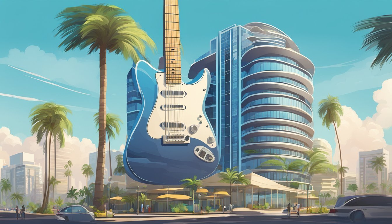 A guitar-shaped hotel stands tall against a blue sky, surrounded by palm trees and a bustling cityscape