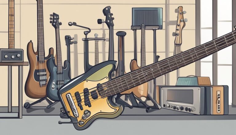 Illustration of a bass guitar in front of a collection of other instruments