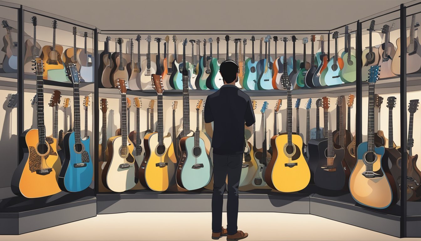 A person standing in front of a display of various sized guitars, contemplating which one to choose