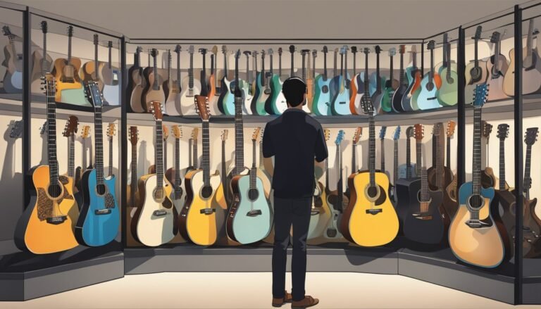 Man looking at a large collection of acoustic guitars in a music store