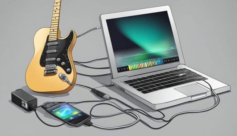 Electric guitar connected to laptop, smartphone, and audio interface